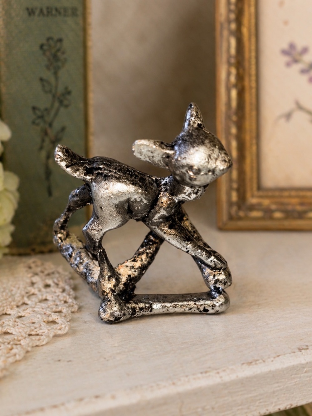 Vintage Pewter Deer Figurine Fawn Miniature Silver Tone Woodland Shelf Decor